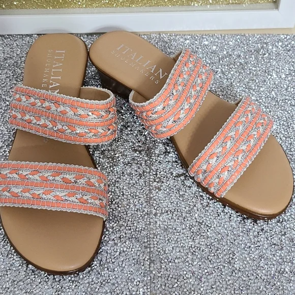 NWT Italian Shoemaker Strap Sandal with small Heel SZ 6 Salmon and Silver - Picture 3 of 11